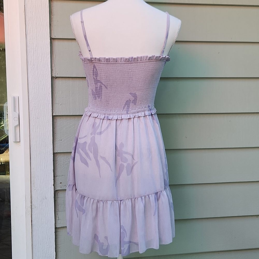 Wilfred Catamaran Tiered Smocked Printed Dress Lavender Lilac Purple Aritzia - Picture 6 of 11